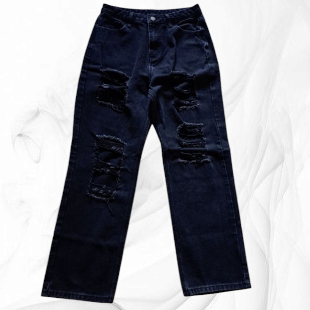 Genleck Black Denim Distressed Boyfriend Jeans High-Waist Baggy Women's Size M